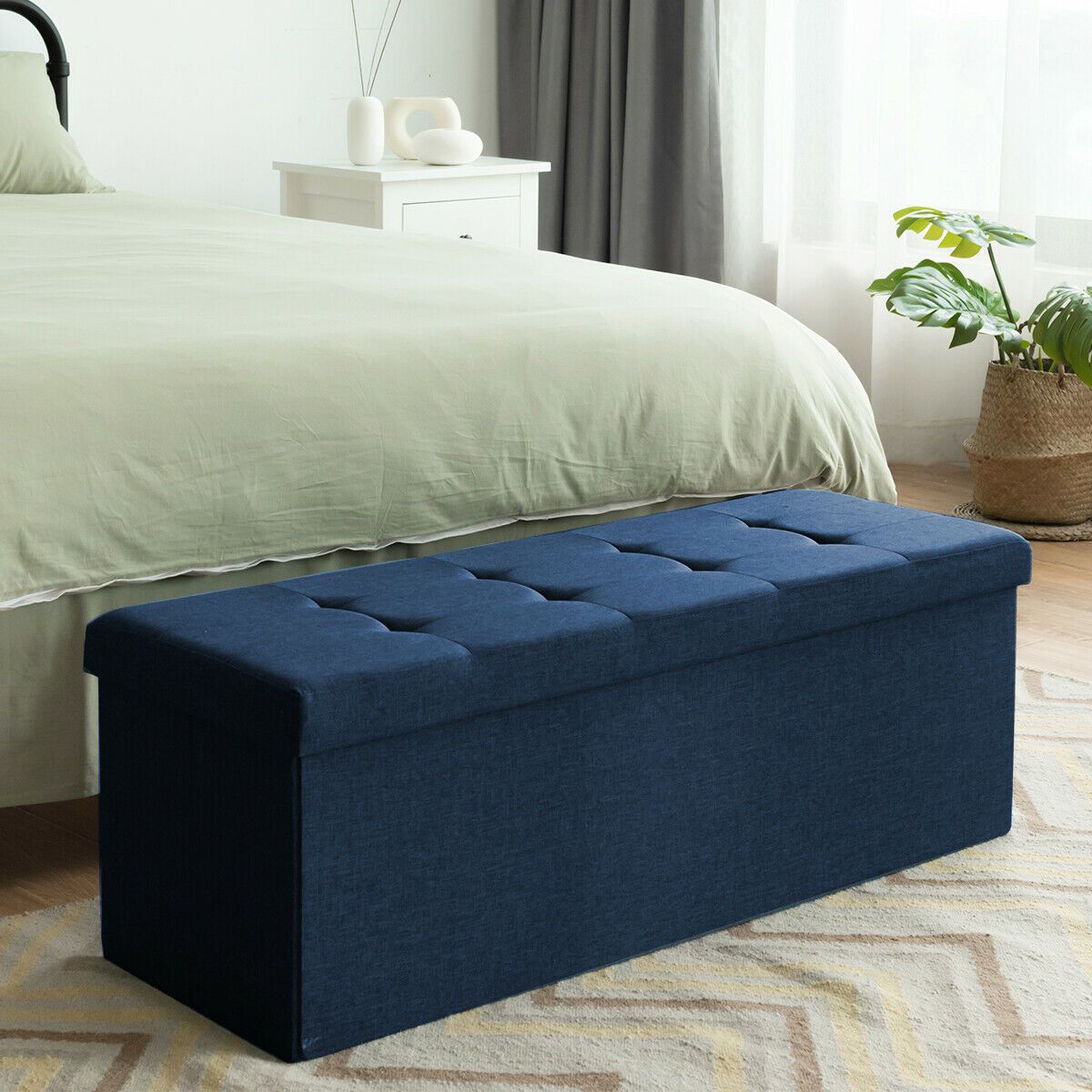 Folding Storage Ottoman Bench with Lid for Hallway or Bedroom - Navy